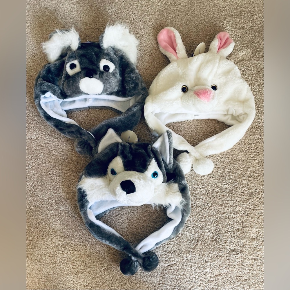Animal hats kids faux fur wolf, bunny, koala bear set of 3 NWT loop closure